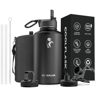 64 oz Water Bottle Insulated with Straw & 3 Lids, Large Metal Stainless Steel... - Image 1 of 4