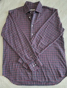 Ingram Casual Button Down Shirt Size 16.5 Red Blue Checkered Plaid Cotton Blend - Picture 1 of 6
