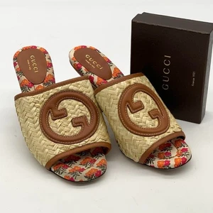 GUCCI Mule Sandals Size EU 36 US 6 Heel Floral GG Logo Raffia Multicolor Women - Picture 1 of 10