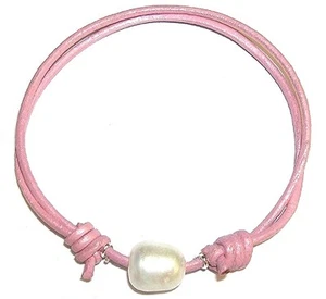 11mm Cultured PEARL & Pink Leather BRACELET. Slide. Adaptable Gift Bag - Picture 1 of 2