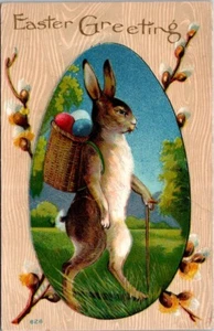 Easter Anthropomorphic Rabbit Basket Eggs Faux Wood Emboss c1910 postcard JP5 - Picture 1 of 2