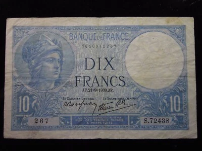 France 10 Francs 1939 P84 2438a8h Banque Francaise Banknote Money - Image 1 of 2