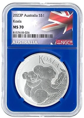 Australia 2023 1 oz plata koala NGC MS70 - núcleo azul - etiqueta bandera Foto 1 de 2