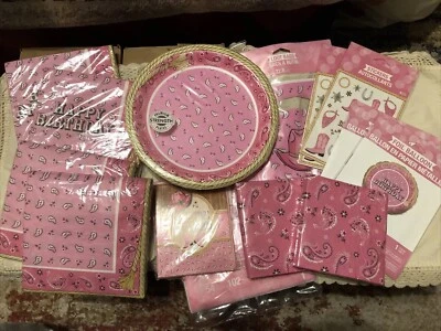 Party Creations Pink Bandana Cowgirl Plates Napkins Stickers Invites 15 Packages - Image 1 of 4