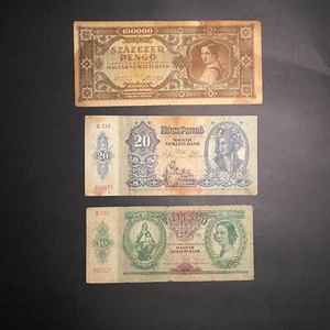 Hungary Pengő Banknotes Lot – 10, 20, 100,000 – 1926-1946 Hyperinflation Era - Picture 1 of 2