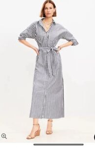 Ann Taylor Loft Woman’s Striped Belted 3/4 Sleeve Poplin Shirt Dress Size