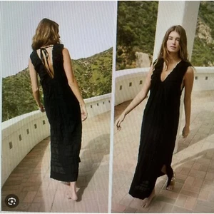 Free People Black Crinkled Cotton Sleeveless Dress With Deep V-Neck & Tie-Back - Picture 1 of 22