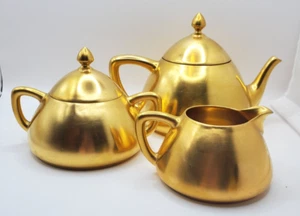 French Limoges Tea Set Gold Porcelain Coffee Pot Sugar an Creamer Set Vintage - Picture 1 of 21