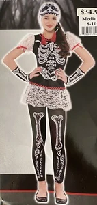 NEW SASSY SKELETON 5 PC CHILD M 8-10 DAY OF THE DEAD HALLOWEEN PARTY COSTUME - Picture 1 of 5