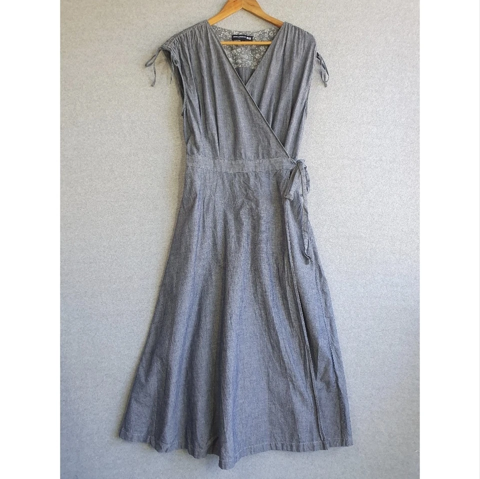 Ines De La Fressange Uniqlo Dress Sz Large Blue Denim 100 % Cotton Wrap Midi - image 1 of 4