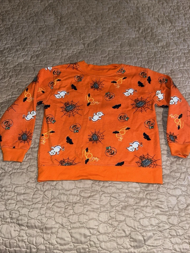 Unisex Halloween Sweatshirt 5t Orange Pumpkin Bats Spiders Under Costume Layer - Image 1 of 4