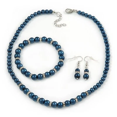 6mm, 8mm Inky Blue Glass/ Crystal Bead Necklace, Flex Bracelet & Drop Earrings - Image 1 of 4