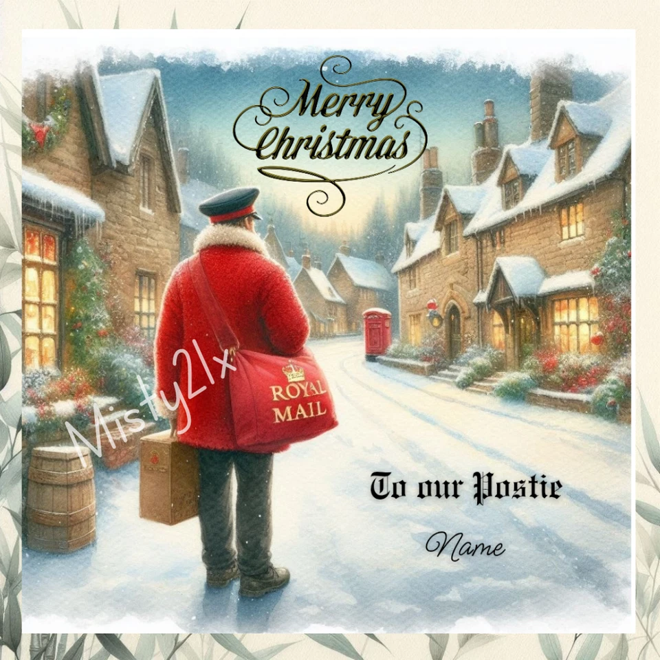 MISTY21X Personalised OUR POSTIE Christmas Greeting Card Royal Mail XMAS Postman Snow