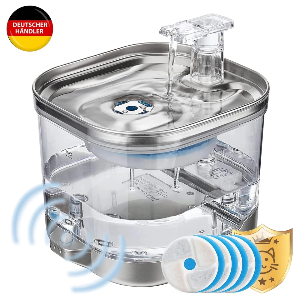  Trinkbrunnen für Katze Kabellos Edelstahl Katzenbrunnen mit Sensor & 4 Filters - Bild 1 von 4