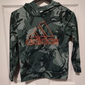 Adidas Boys Pullover Hoodie Green Camo Orange Logo Kids Sz Medium Tag Missing - Picture 1 of 5