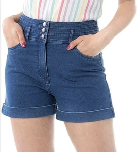 Review Smartie Sailor Shorts Size 10 Blue Denim High Waist Retro Pin Up Nautical - Picture 1 of 7