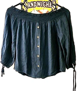 Blue Croped Off Shoulder Top Blouse Shirt Size Small 3/4 Sleeve Tie Papermoon - Picture 1 of 5