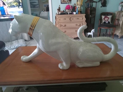 Vintage White Textured Iridescent Ceramic Panther Cat W/ Gold Trim PICK UP ONLY - Image 1 of 4