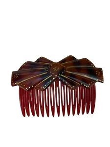 Vintage Red Tortoiseshell Hair Comb Bow Fan Style 1940s Art Deco Rockabill - Picture 1 of 4