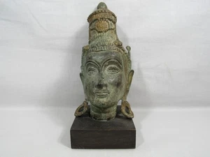 Vintage Ayutthaya Bronze Buddha Crowned Head Statue On Wood Base 9" - Picture 1 of 11