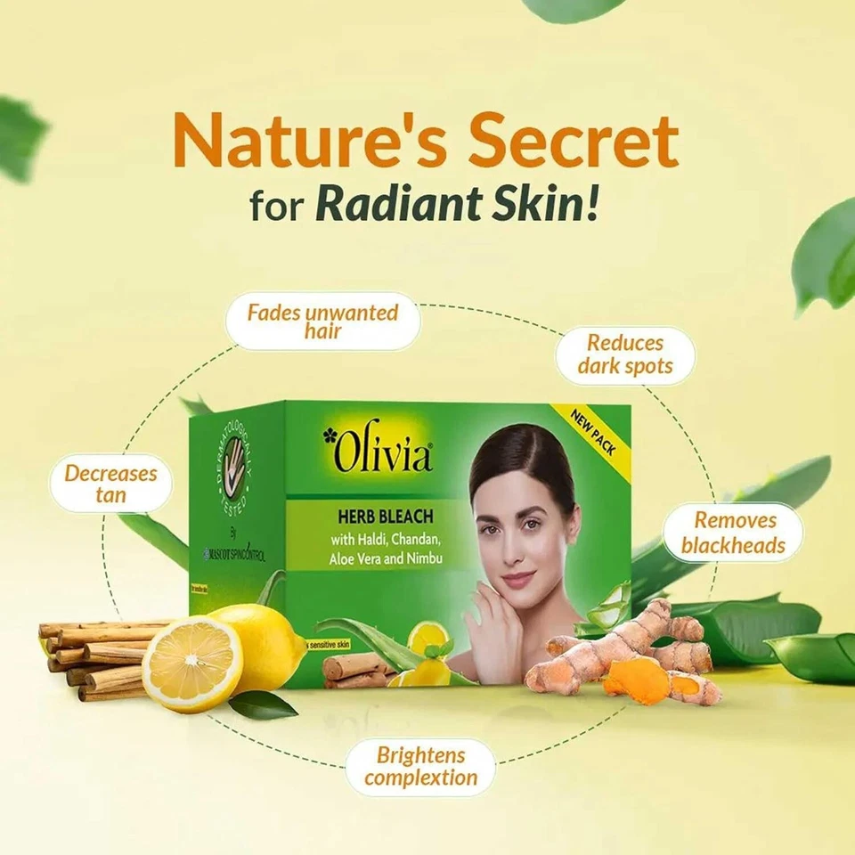 Olivia Herb Bleach With Haldi, Chandan, Aloe Vera & limbu for Glowing Skin- 60Gm - Imagem 1 de 4