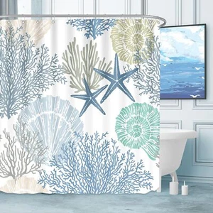Nautical Coastal Waterproof Fabric Shower Curtain Starfish Seashell Coral Beach - Picture 1 of 8