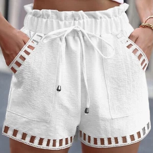 Pantalones Cortos Para Mujer Algodón Lino Color Sólido Delgados Diseño Hueco Borde Bolsillo - Imagen 1 de 30