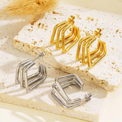 Edelstahl Halb Creolen Quadratisch 3-reihig, Geometrische Damen Ohrstecker - Bild 1 von 4