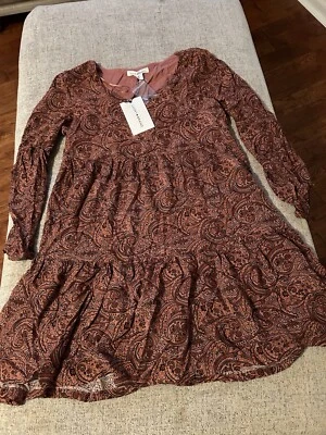 Lucky Brand, Brown Paisley Tiered Mini Dress w/Long Sleeves, Size XS NWT - Image 1 of 4