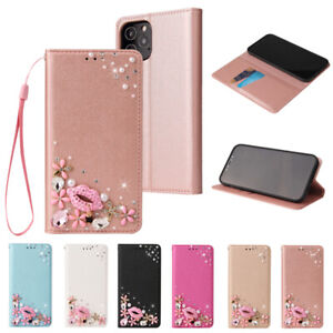 For iPhone 11 Pro 12 5 6 7 8 Plus XR Glitter Flower PU Leather Wallet Case Cover