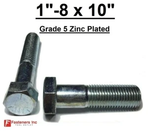1"-8 x 10" Hex Bolt Zinc Plated Grade 5 Cap Screw Coarse Partial Thread - Picture 1 of 8