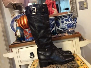BOUTIQUE9 WOMENS BLACK LEATHER Pull- on knee high buckle BOOTS SZ 7.5M - Picture 1 of 12