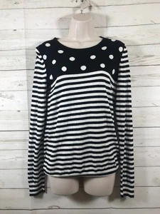 Gap Sweater Sz M Black White Pull Over Polka Dot Stripes Thin Knit Fitted - Picture 1 of 6