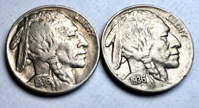 1936-P x 2  Buffalo Nickel US 5c Pair ~ Better Grades ~ Get Both Coins ~ M60 - Image 1 of 4