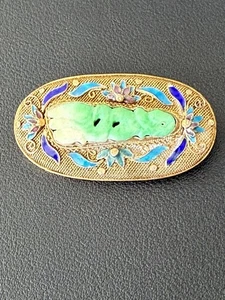 Beautiful Vintage Chinese Export Gold Gilt Silver Enamel Jade Brooch Pin Box G7 - Picture 1 of 15