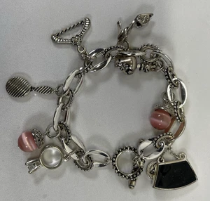 Charm Bracelet, Diamond Ring, Purse, Mirror, Shoe, Perfume Charms Silver/Pink - Picture 1 of 6