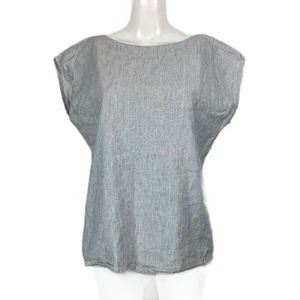 Camisa Linenbee Mujer L Azul Blanco Lino Transpirable Manga Corta Cuadrada Minimalista - Imagen 1 de 9