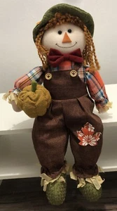 22” Happy Scarecrow Girl Dangler With Pumpkin Fall Autumn Decor Yarn Hair Plaid - Picture 1 of 9