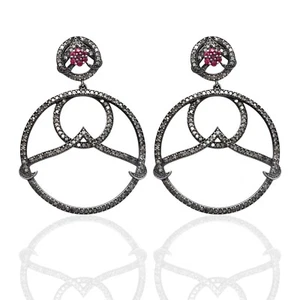 925 Sterling Silver Black Rhodium Natural Ruby Pave Diamond Womens Earrings Pair - Picture 1 of 2