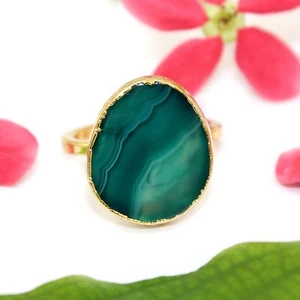 Lovely Green Agate Slice Gold Electroplated Adjustable Rings Gift For Women Girl - Picture 1 of 2