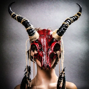 Antelope Devil Animal Skull w/ Impala Horn Feather Masquerade Costume Party Mask - Picture 1 of 15