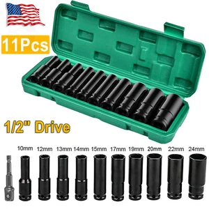 1/2" Deep Impact Socket Set Drive Long Reach Thin Wall Metric Sockets 10mm-24mm - Picture 1 of 14