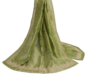 Sushila Vintage Green Heavy Dupatta Pure Tissue Silk Hand Beaded Long Stole Veil - Picture 1 of 11