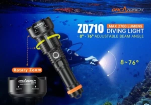 OrcaTorch Diving Flashlight ZD710 2700 Lumens 375m Max Beam 150m Dive Depth - Picture 1 of 18