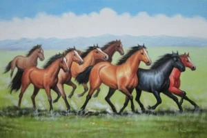 24x36 Happy Running in Green Field Oil Painting Naturalism Animal Horse Eight - Picture 1 of 1