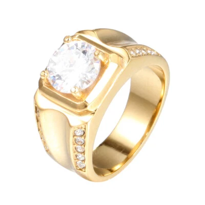 Alianza para hombre de piedra blanca de acero inoxidable enchapada en plata/oro talla 7-12 Foto 1 de 4