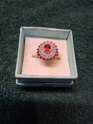 尺寸 6 Rhodium Over 纯银高级戒指 红色蓝宝石,莫桑石 (1073) — 第 1/4 张图片