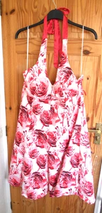 DEBUT WHITE PINK ROSES floral MIDI DRESS - 18 ROCKABILLY HALTER PLUS - Picture 1 of 2