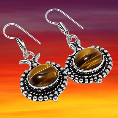 Brinco de prata esterlina 925 pedra preciosa olho de tigre natural 1,7" W484 - Imagem 1 de 4