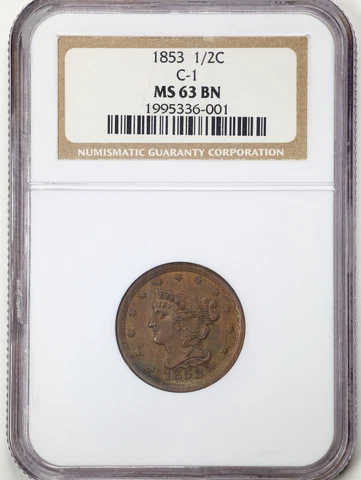 1853 1/2C C-1 Braided Hair Half Cent MS63BN NGC 1995336-001 Cover